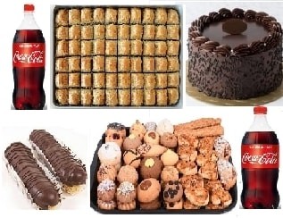 Dolu Dolu Tatlı Sepeti 1 kg Baklava Pasta Ekler Kuru Pasta ve Kola